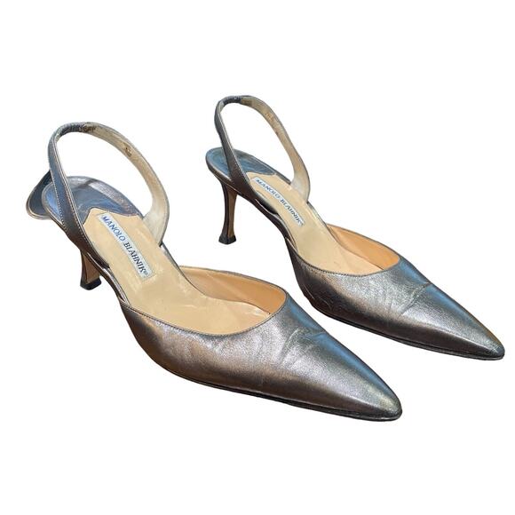 Manolo Blahnik Pewter Leather Carolyne 50 Pointed Toe Slingback Pumps Sz 41.5 - Picture 1 of 12